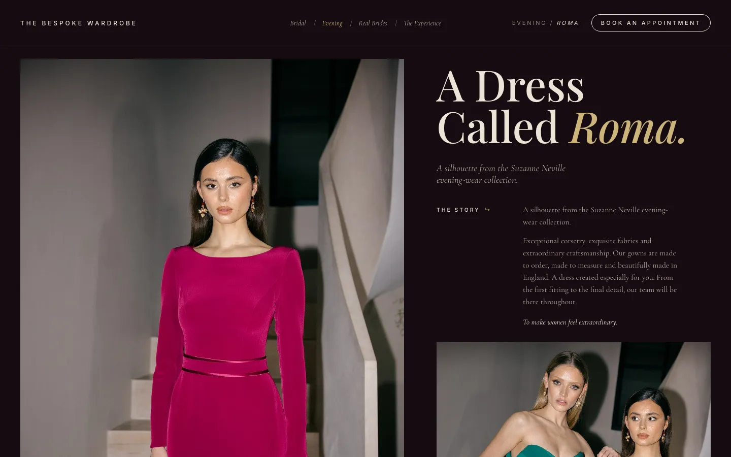 An evening dress page: Roma, in the dark palette drawn from the dress